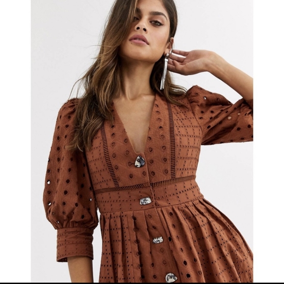 ASOS DESIGN | Button Through Broderie Midi Dress Brown Desert Bohemian New 12 - Picture 11 of 11